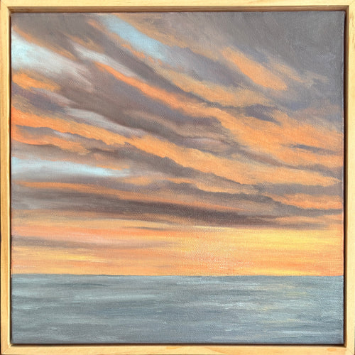 Painting of a sunset sky with orange and gray clouds over water.