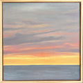Painting of a sunset over water with a wooden frame