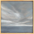 Painting of a cloudy sky over water with a wooden frame.
